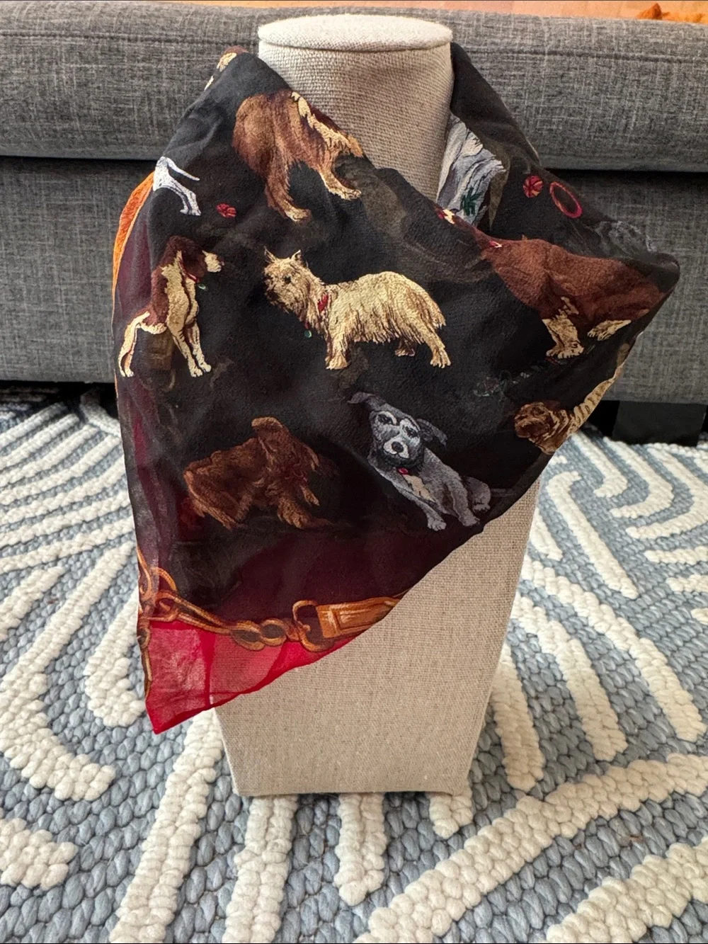 Vintage Dog Novelty Print Scarf 20x20 Red Black Silky
